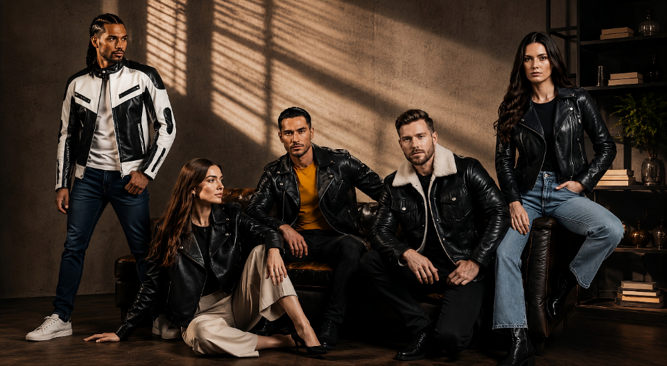 Group of people wearing leather jackets in a dimly lit room.